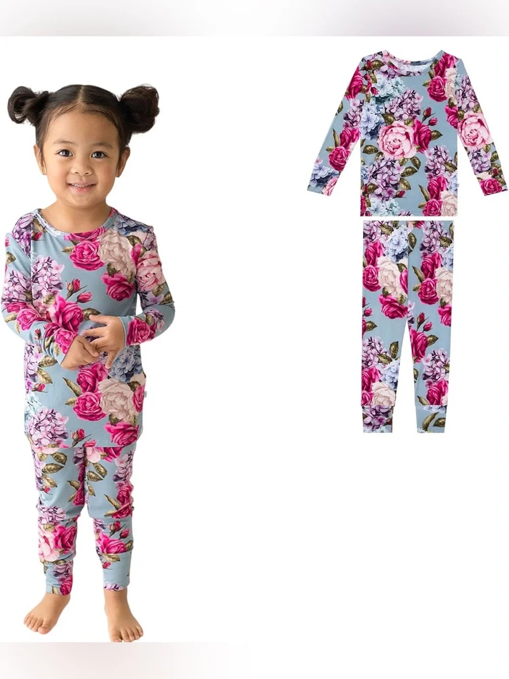 NWT POSH PEANUT Girls Pajama Set - Blue with Pink Rose Print